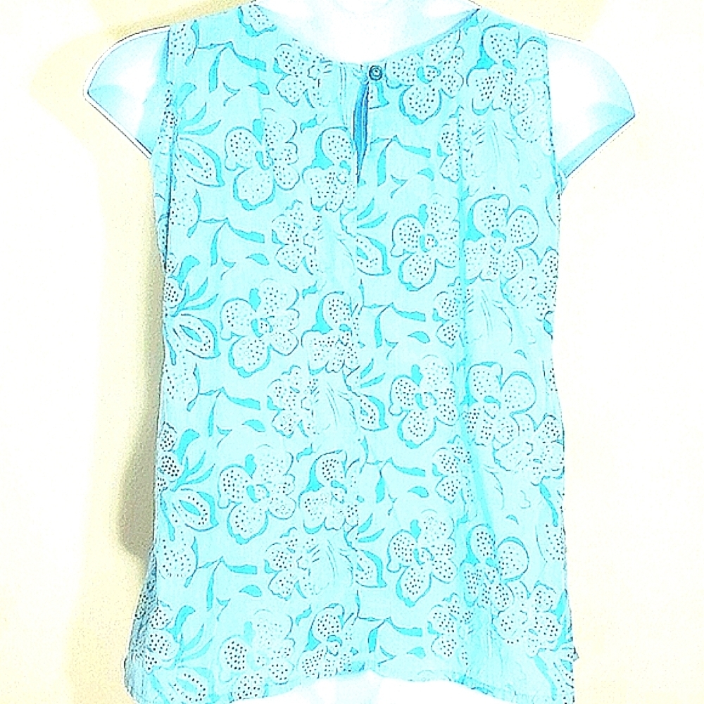 Sleeveless blouse tank top blue floral print FLOWY 100% cotton Square Neck W Tie - Picture 2 of 6